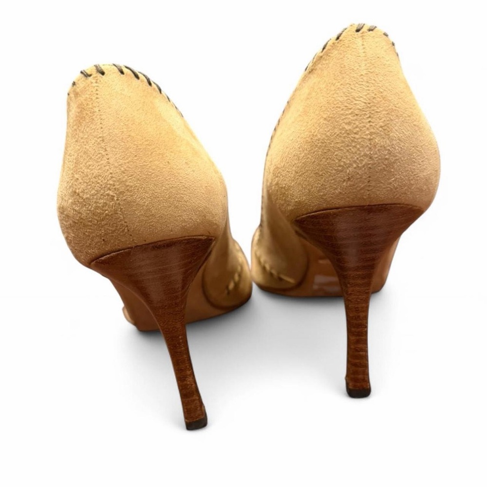 Vintage Manolo Blahnik Suede Peep Toe High Heels Camel 38.5 - Picture 6 of 12